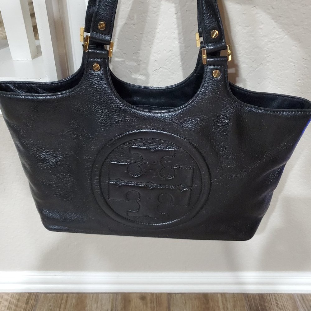 Tory Burch Bombe Glazed Leather Handbag Zip Top Tote Black
